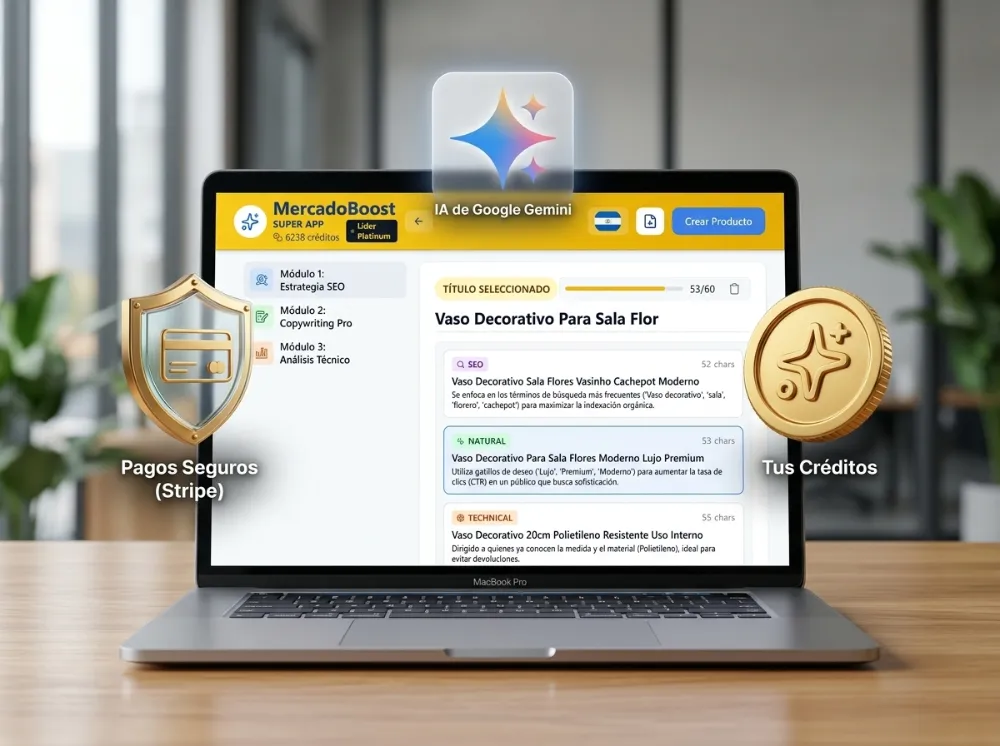 Mockup 3D de la interfaz de MercadoBoost AI en una laptop moderna