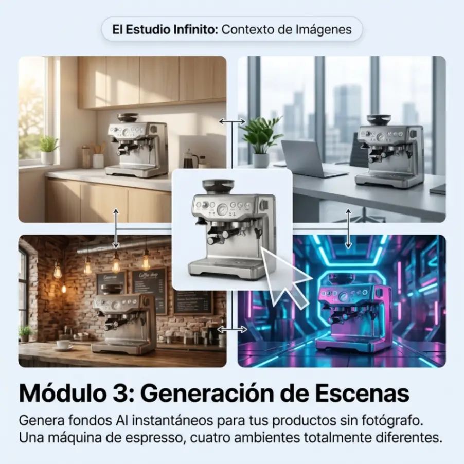 Demostración de IA generando fondos blancos puros y escenarios fotorrealistas para productos